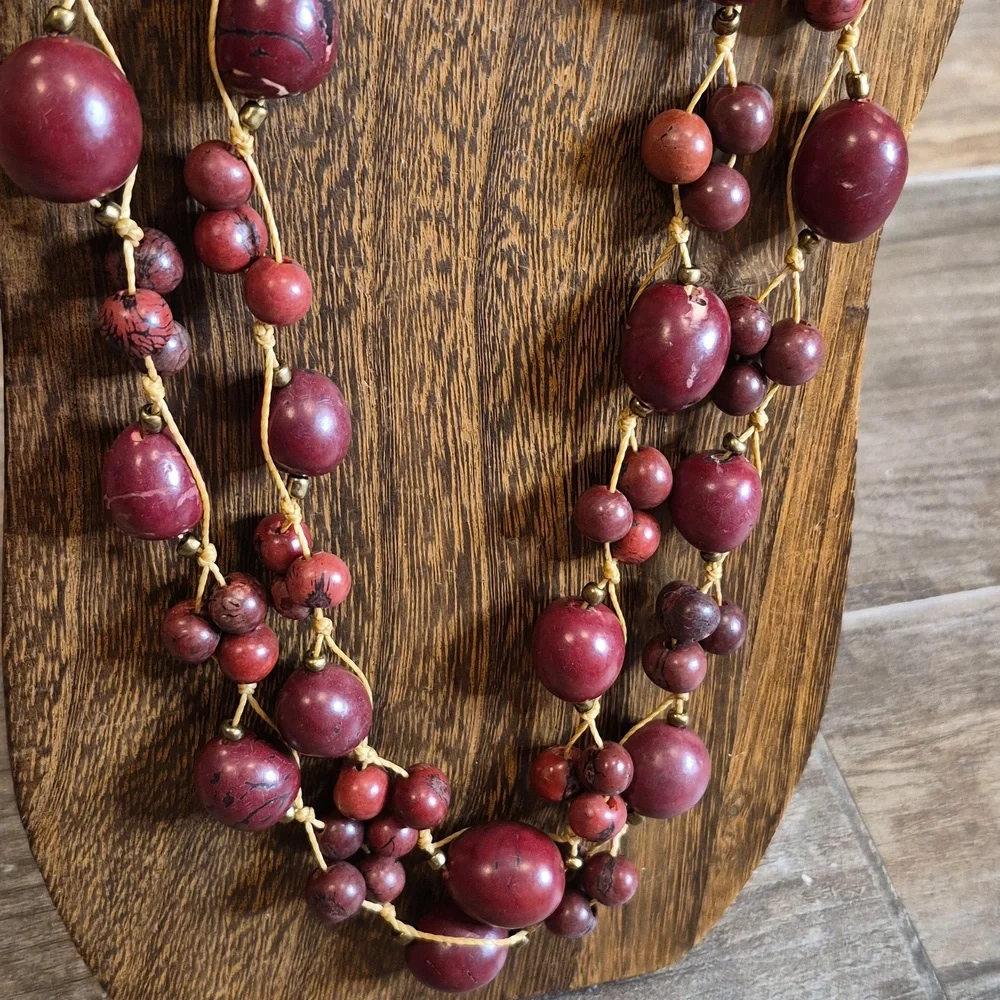Vintage Cranberry Maroon Beaded Gold Tone Spacers Knotted Cord Long Necklace - Picture 2 of 14